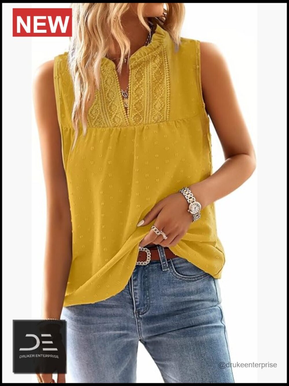 Sleeveless V-Neck Tank Top with Crochet Lace, Swiss Dot Detail, Lightweight &